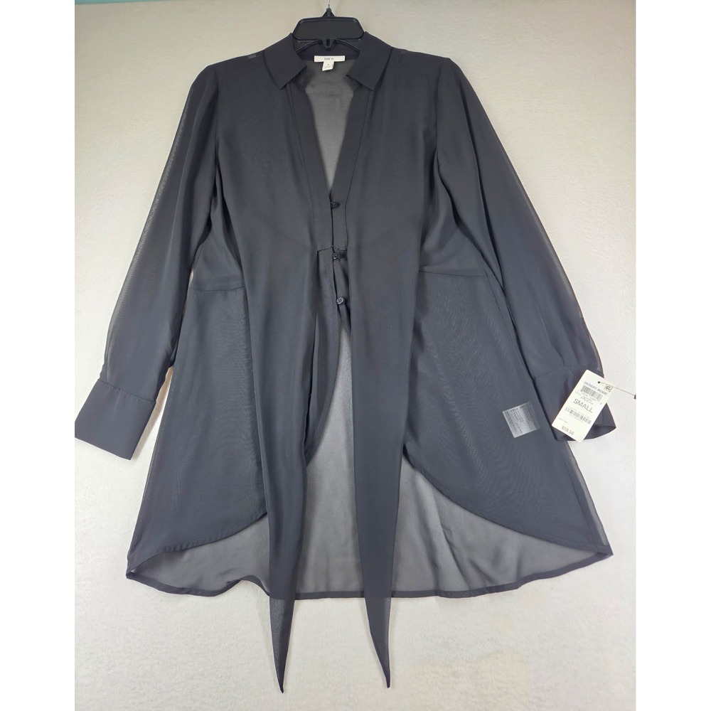 Bar III Womens Sheer Long Sleeve Tie Waist Tunic Top Deep Black Small 100150810